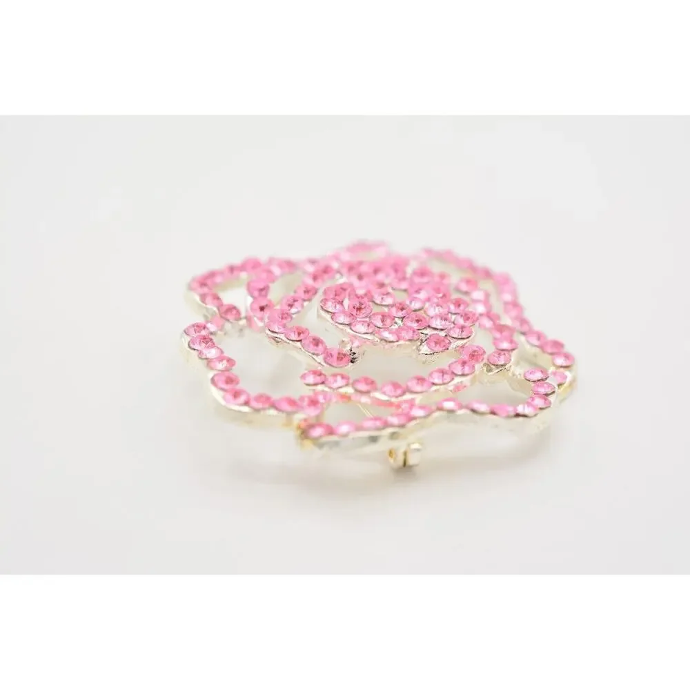 Vintage Rose Pin Brooch Flower Pink Lucite Rhinestone Crystal Silver Tone Bin5B